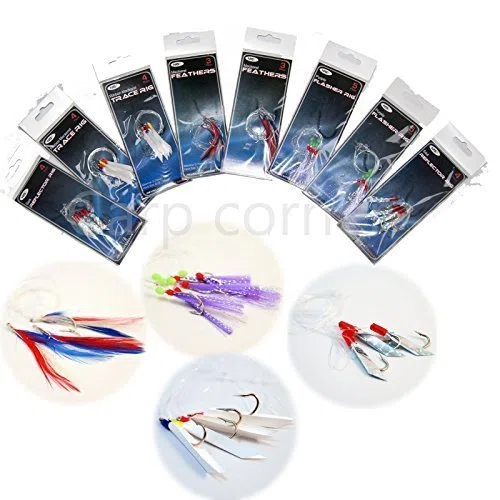 Paquete de 8 señuelos con plumas NTG, aparejos de mar, anzuelos para barcos de pesca, lubina / caballa / bacalao