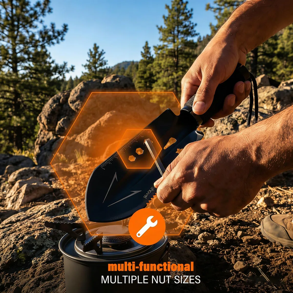 Pala de Camping Multifuncional, Pala de Jardinería, Paleta Ultraligera 9 en 1 para Mochilero, Ideal para Supervivencia y Jardinería – Acero Inoxidable, Portátil
