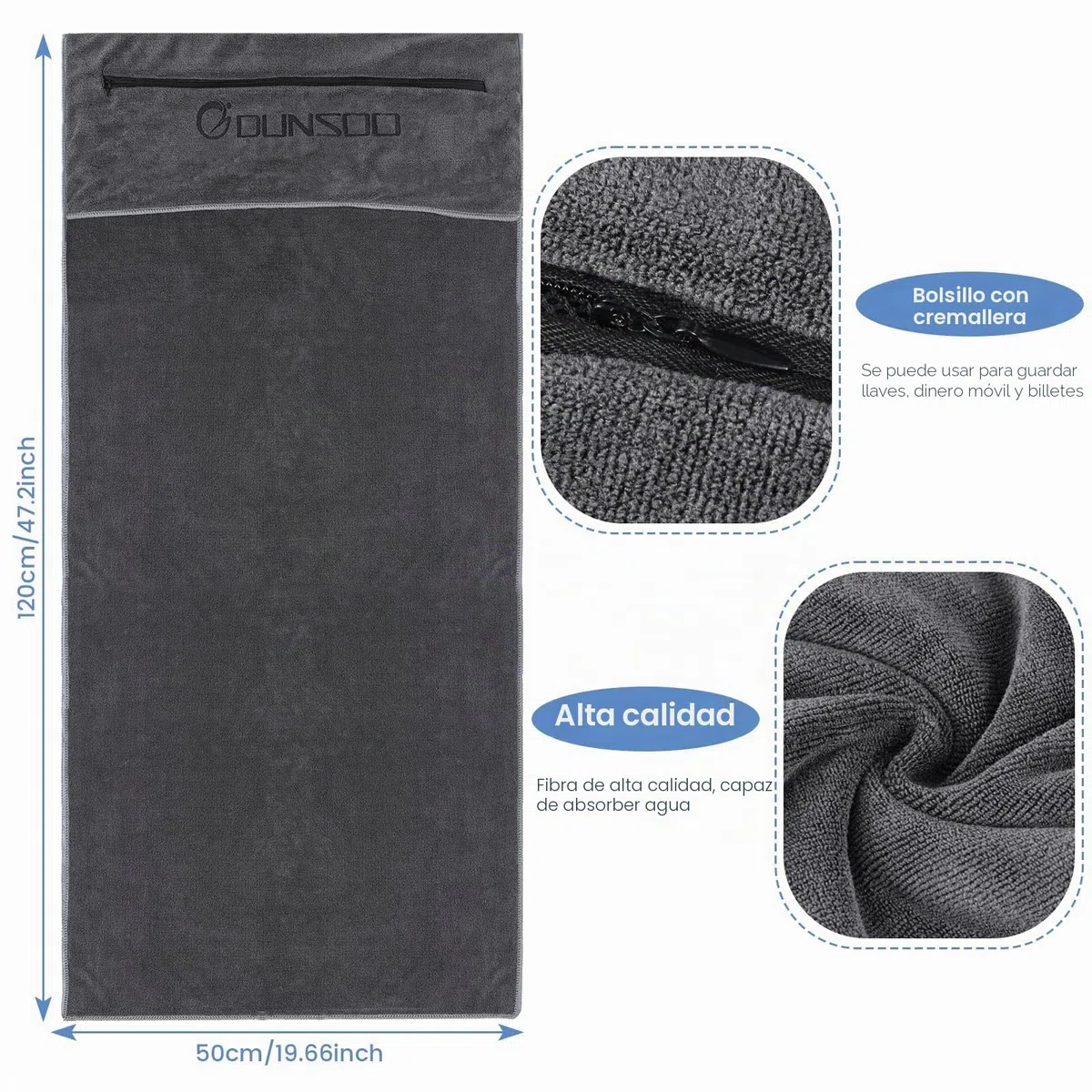 DUNSOO Toalla Gimnasio,120x50cm Toalla Deportiva De Microfibra con Bolsillo De Cremallera para Gimnasia y Entrenamiento I Toalla De Gimnasio (Gris Oscuro)