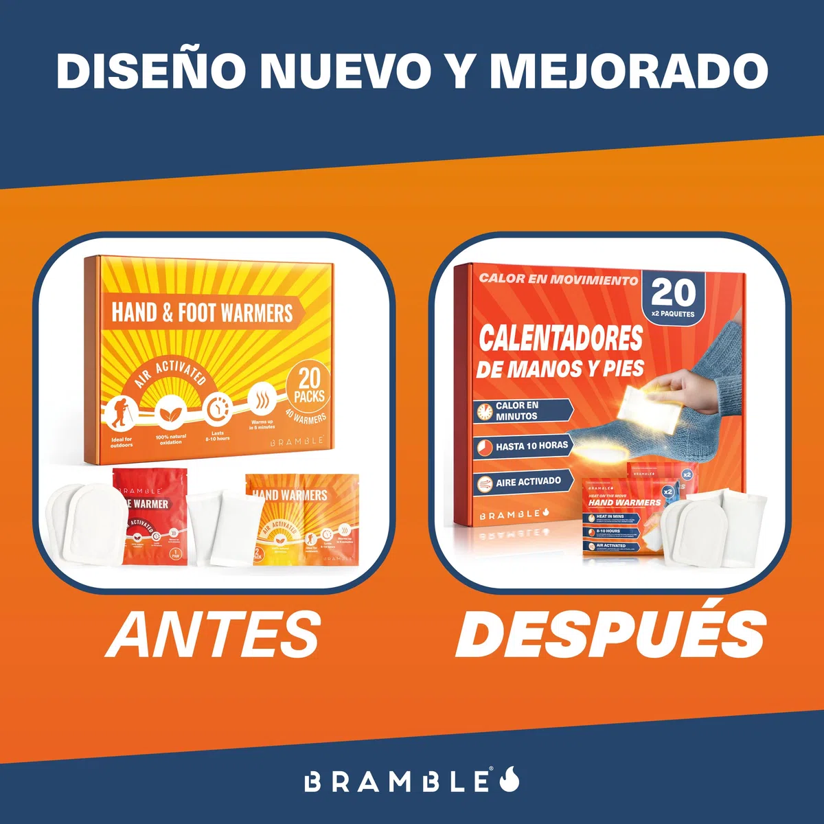 Bramble - Pack Variado de Calentadores de Manos y pies - Calentadores de Bolsillo para Manos y Dedos Adhesivos - Activados por Aire y sin olores - hasta 10 Horas de Calor