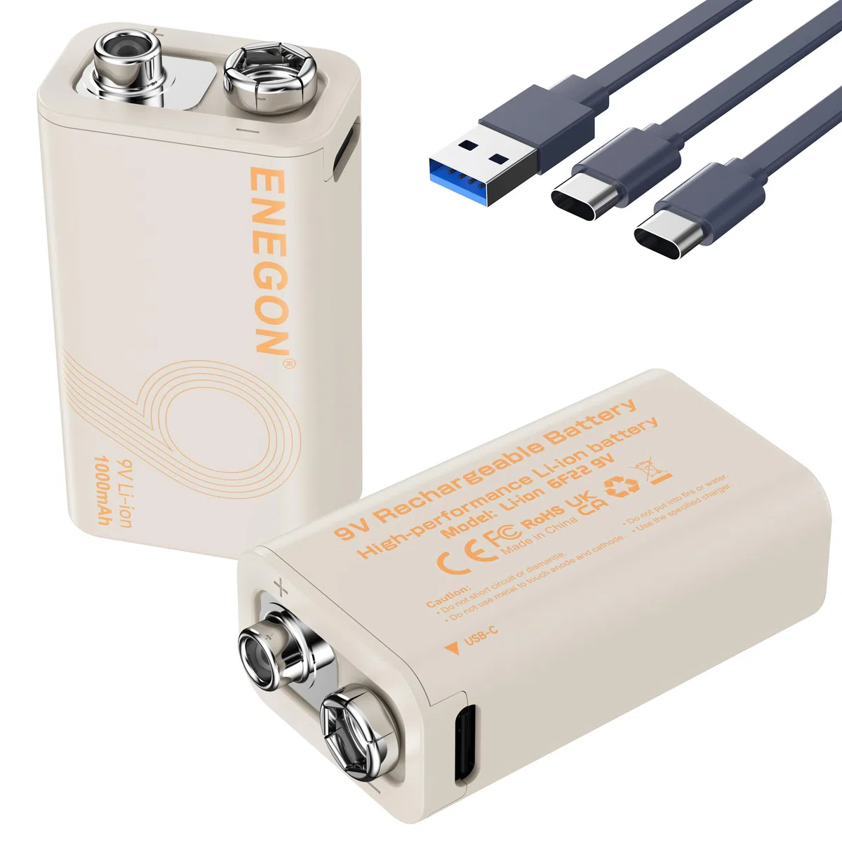 ENEGON 9V 2 pacchi Batterie Litiche Ricaricabili 3,7Wh/1000mAh Tipo-C Carica Veloce, 9V/0,6A Uscita Stabile, Compatibile con Multimetro/Microfono Wireless/Rilevatore di Fumo e Altri - 6F22