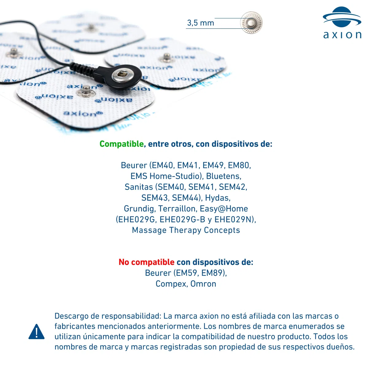 12 electrodos de recambio axion | Compatibles con electroestimuladores TENS y EMS Beurer y Sanitas | Parches de 10x5 cm reusables y autoadhesivos | Conector botón de 3,5 mm