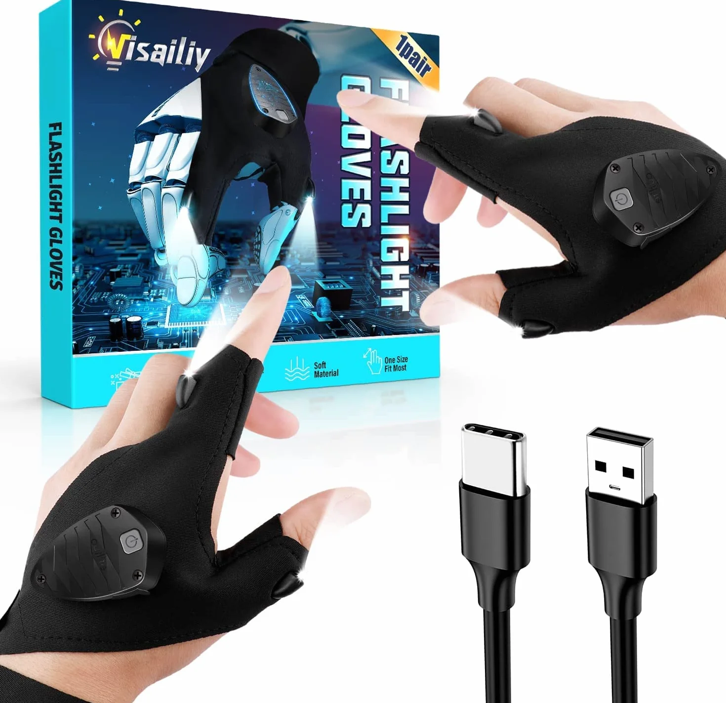Visailiy Regalos para Hombres, Guantes Led Recargable Accesorios de Pesca para Hombres, Guantes con Luz Regalos para Papa, Regalos para Navidad, Cumpleaños Gadgets para Hombres
