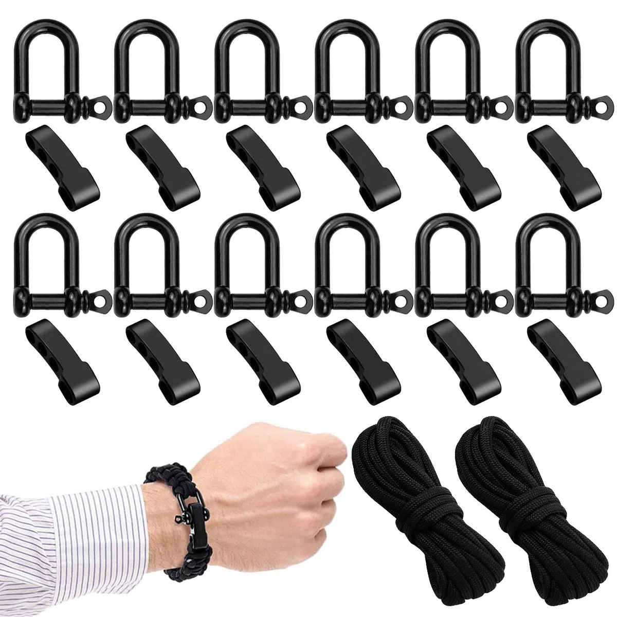 24 Piezas Acero Inoxidable D Anillo Grillete Lock Juego de Grilletes de D Ring Shackles Ajustable con Cuerda al Aire libre de 3 m para Accesorios de Aparejo, Transporte, Camping, Deportes y Senderismo