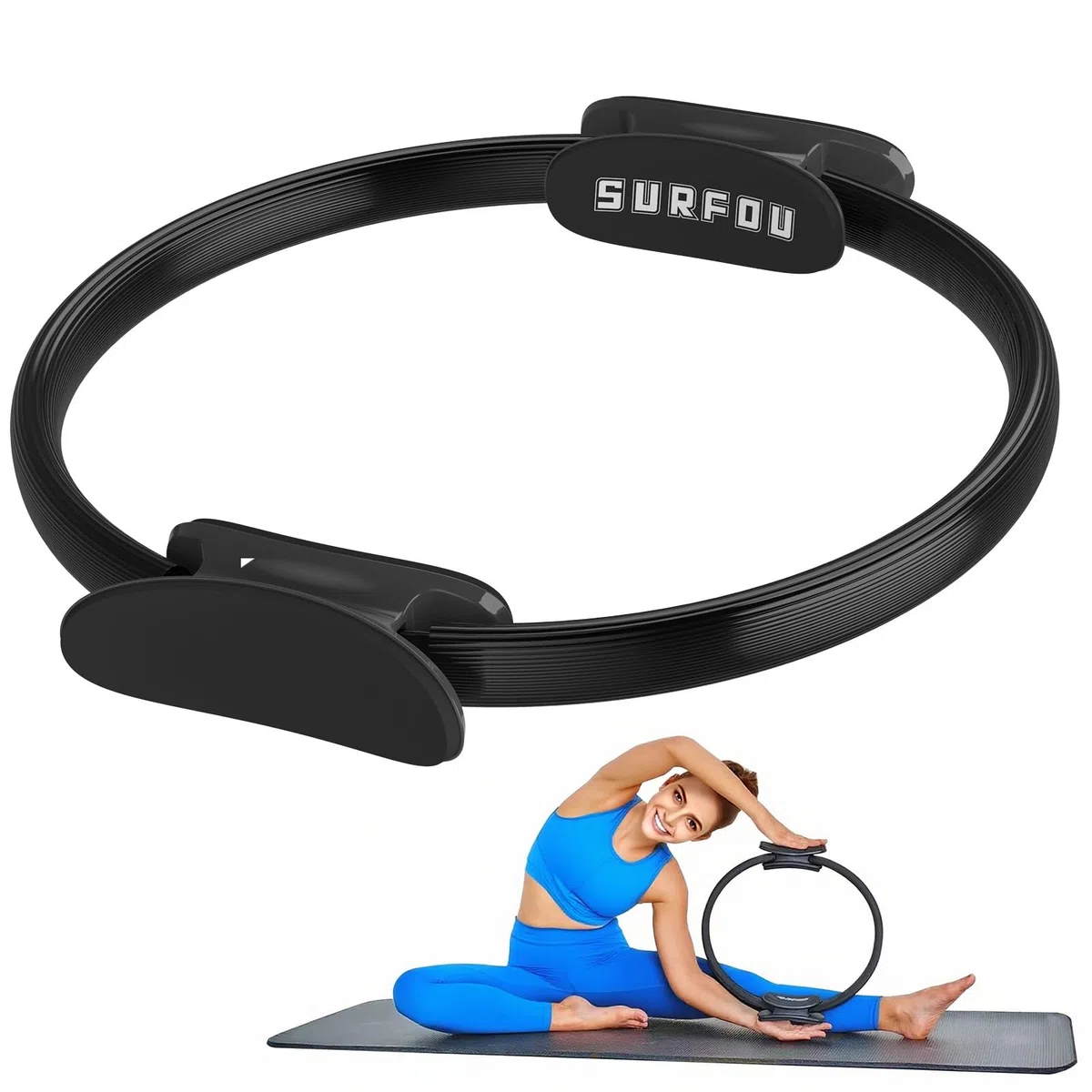 SURFOU Aro Pilates Diámetro 37 cm, Doble Empuñadura Ergonómica Antideslizante, Ideal para Yoga, Gimnasia y Fitness, Tonifica Piernas, Brazos, Espalda y Abdominales