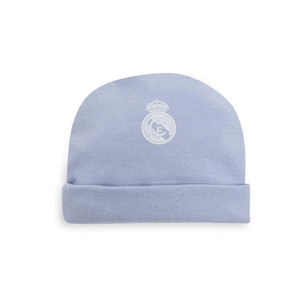 Interbaby - Set Regalo 5 Piezas del Real Madrid - Primera Puesta Bebé Recien Nacido - Compuesto por Gorro, Camisa, Polaina, Manopla y Babero. Edad 0-6 meses.