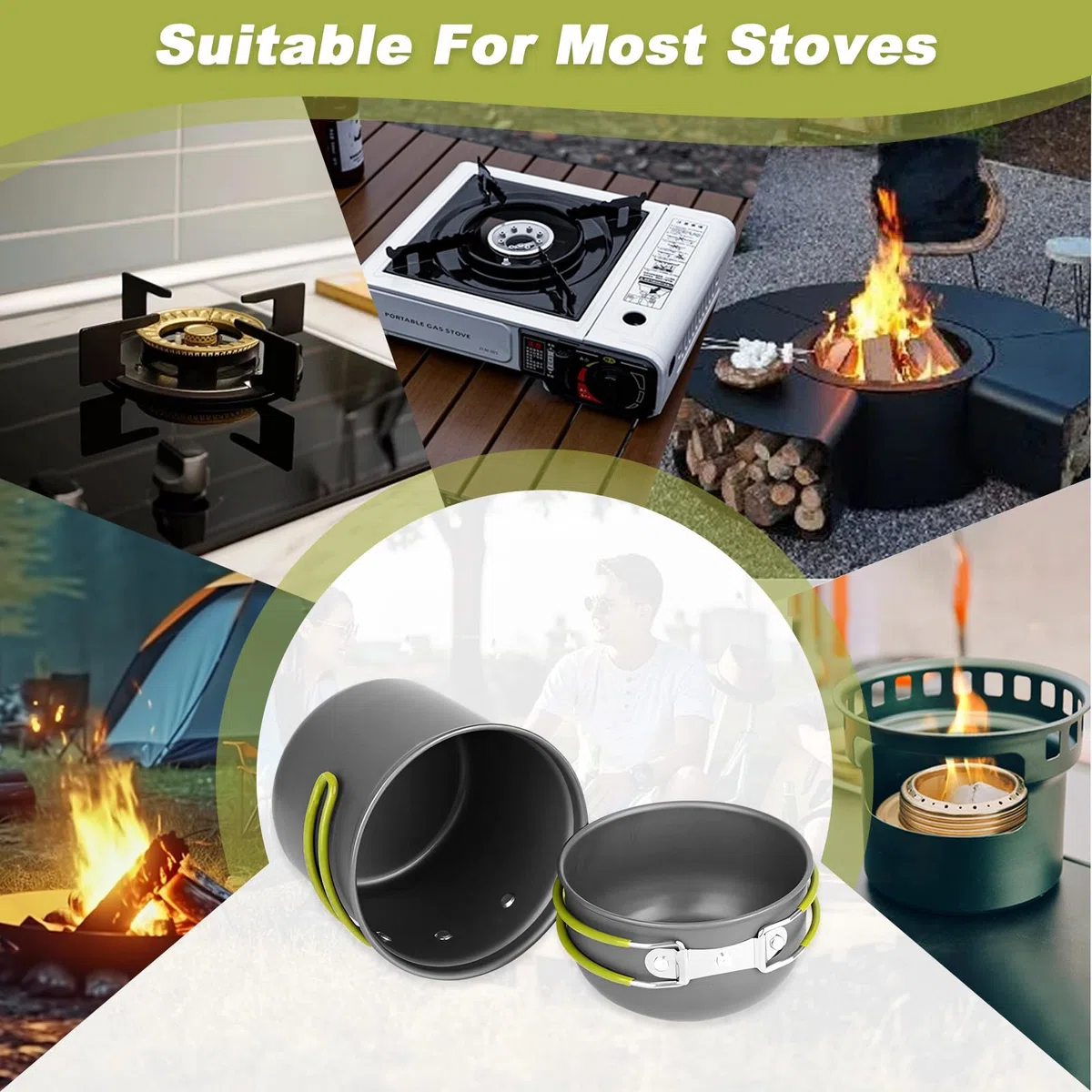 Kit Vajilla de Camping con Cubiertos Plegables, Ollas de Aluminio para 1-2 Personas, Utensilios de Cocina Exteriores Portátiles, Sartenes de Acampada para Picnic, Senderismo, Excursión, Escalada