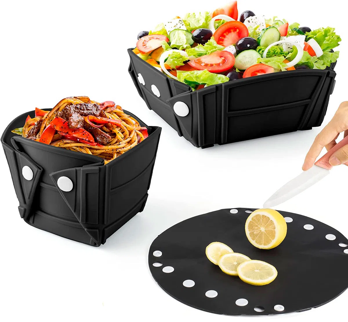 Plato de Silicona Plegable con varias Posiciones - Cuenco plegable Ideal para Camping, Playa o Montañismo, Hermético y Fácil de Limpiar, pack de 2 (Negro)