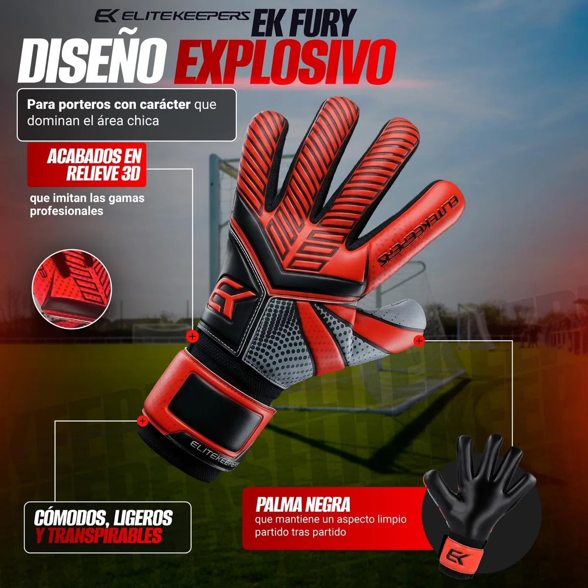 Guantes de Portero EK Basic Fury Niño – Guantes Fútbol con Palma Látex 3+3mm, Protecciones Dedos, Transpirables y Cómodos – para Entrenamiento y Partido