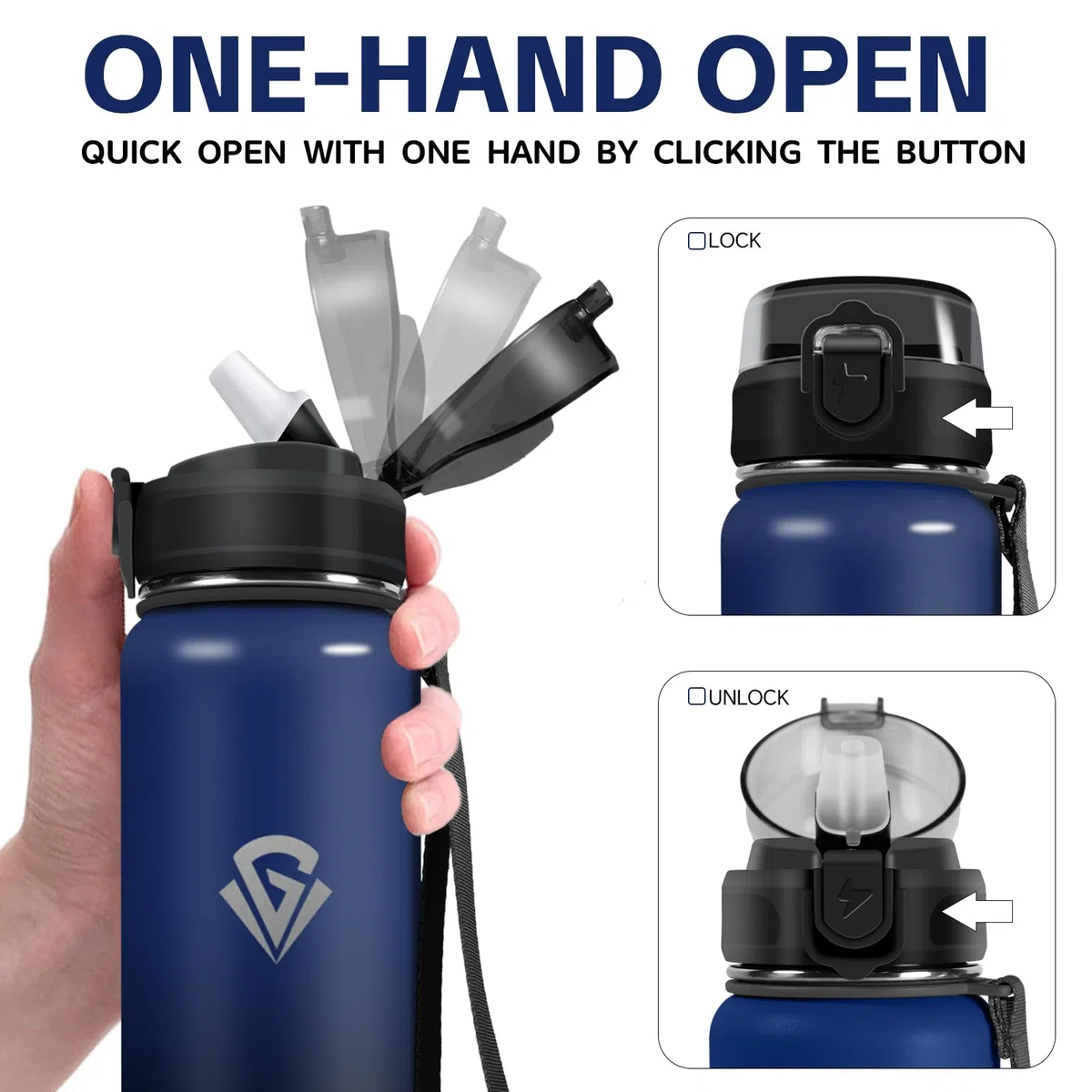 Grsta Botella Agua Acero Inoxidable, Botella Agua 1 litro, Botella Termica con Pajita, Botella Agua Gimnasio sin BPA, Doble Pared al Vacío, Botella Reutilizable Para Deportes, Camping, Ciclismo, Yoga