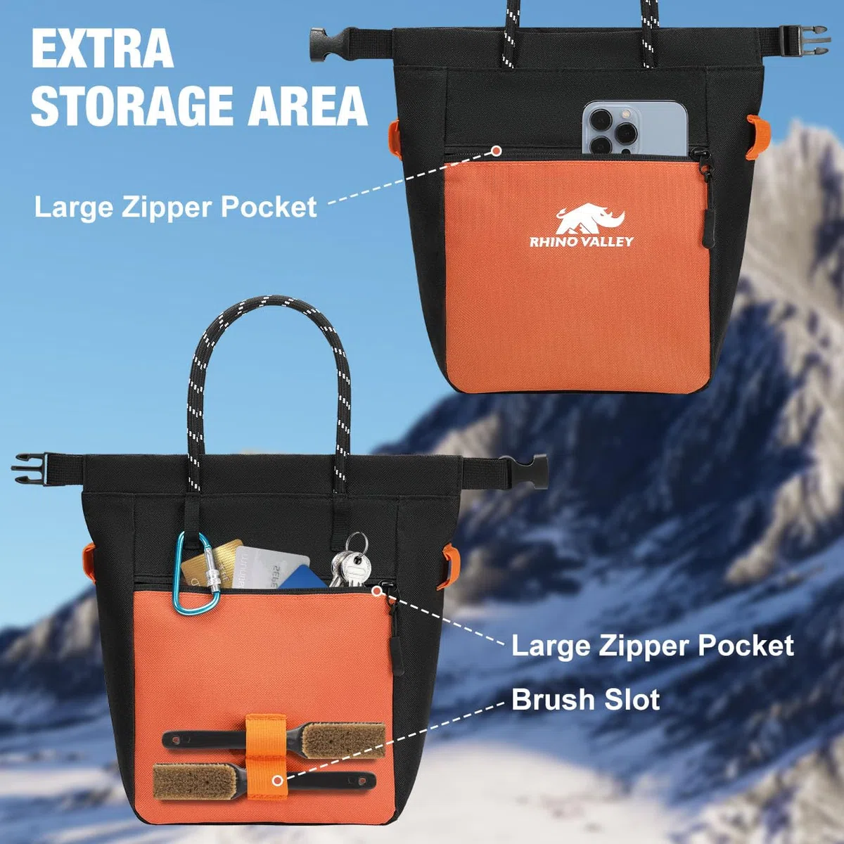 Rhino Valley Bolsa de Tiza para Escalada, Bolsa Magnética de Tiza para Escalada sin Fugas con Asa, con Cinturón Ajustable y Bolsillos con Cremallera para Levantamiento de Pesas