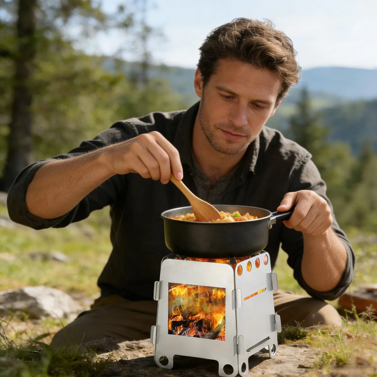 Estufa de Leña Pequeña (Con Bandeja Alcohol), Portátil Desmontable Picnic Al Aire Libre Multifuncional, Acero Inoxidable Estufa Campamento Senderismo, Cocina Campamento Al Aire Libre