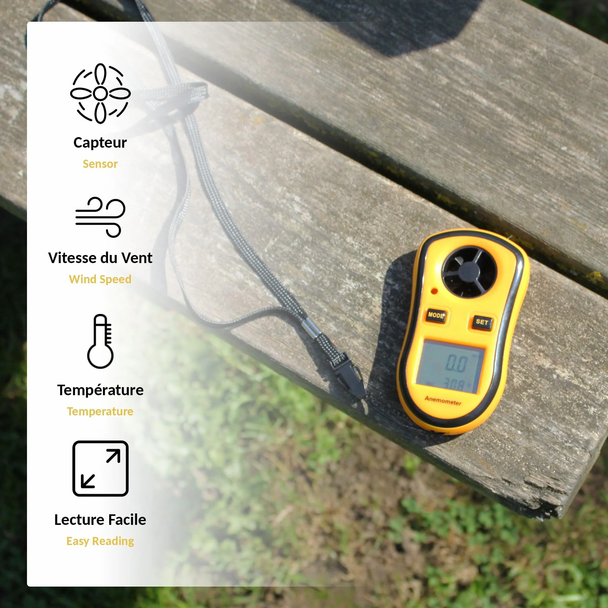 FISHTEC Anemómetro Digital Portátil - Mide la velocidad del viento actual/media/máxima + Temperatura - Pantalla LCD retroiluminada - Ideal para windsurf, pesca, cometas y alpinismo