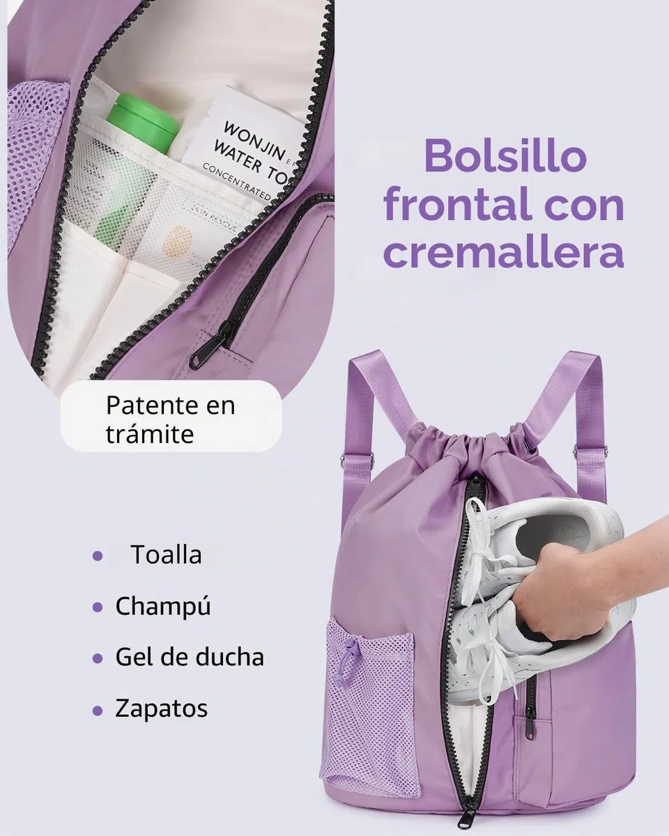 WANDF Mochila con Cordón con Zapatero, Bolsa Deporte Impermeable Hombre Mujer Niños, Gran Capacidad, Resistente Ligera, Ideal Gimnasio, Natación, Viaje y Colegio,Morado