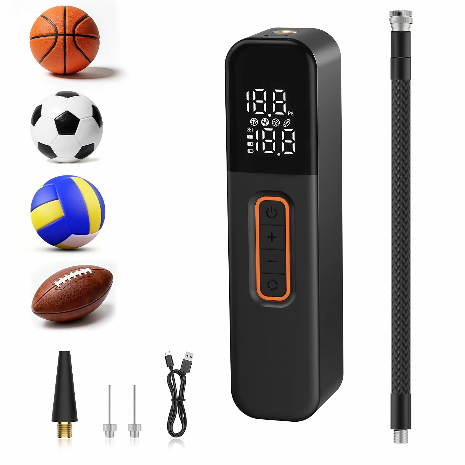 Bomba de Bola eléctrica, Bomba de Aire Inteligente, inflado de Bola rápido portátil con manómetro preciso y Pantalla LCD Digital para fútbol, ​​Baloncesto, Voleibol, Rugby (2 Agujas y 1 Boquilla)