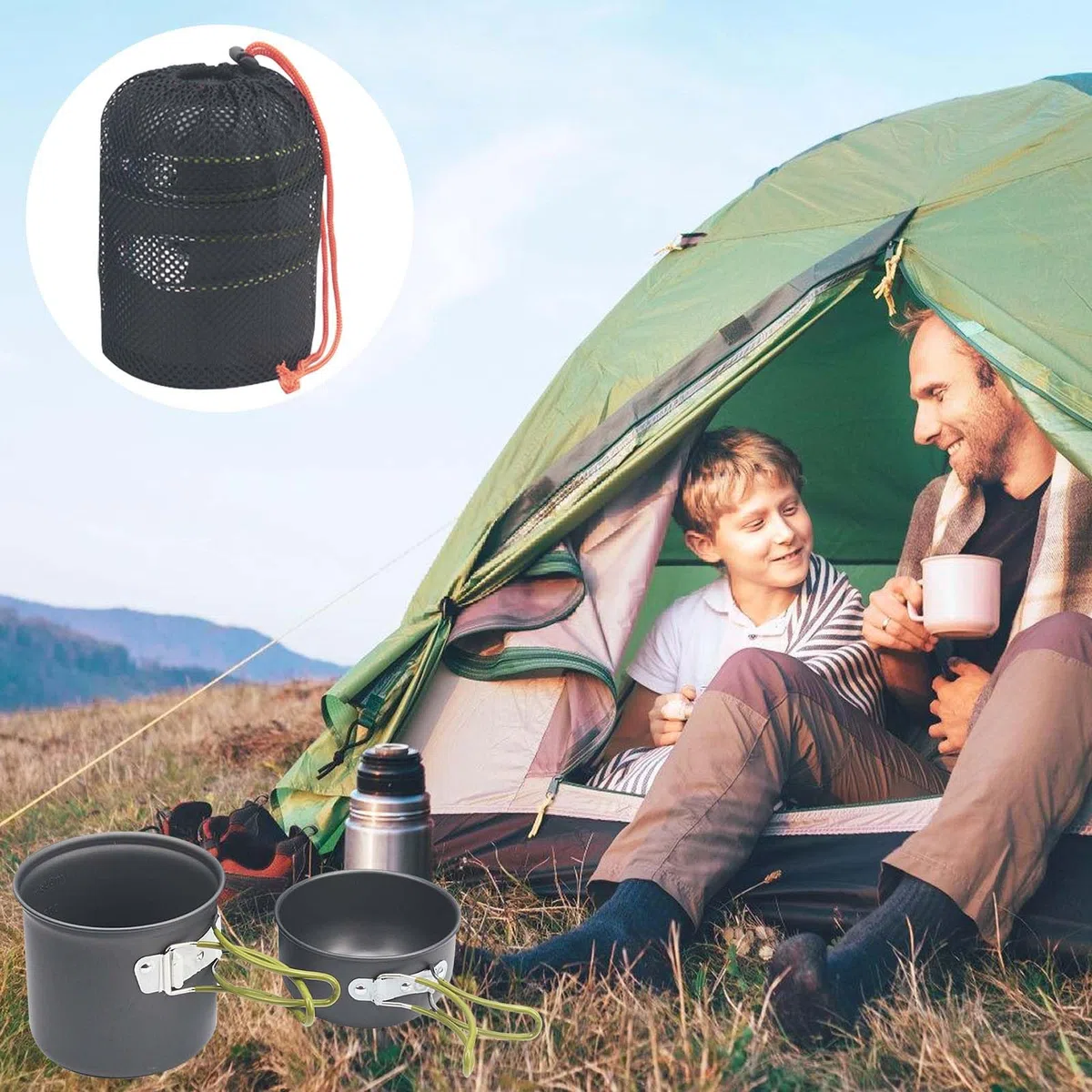 Juego de utensilios de cocina para camping para 1-2 personas, vajilla de aluminio portátil, cacerola con cubiertos plegables, cubiertos para exteriores