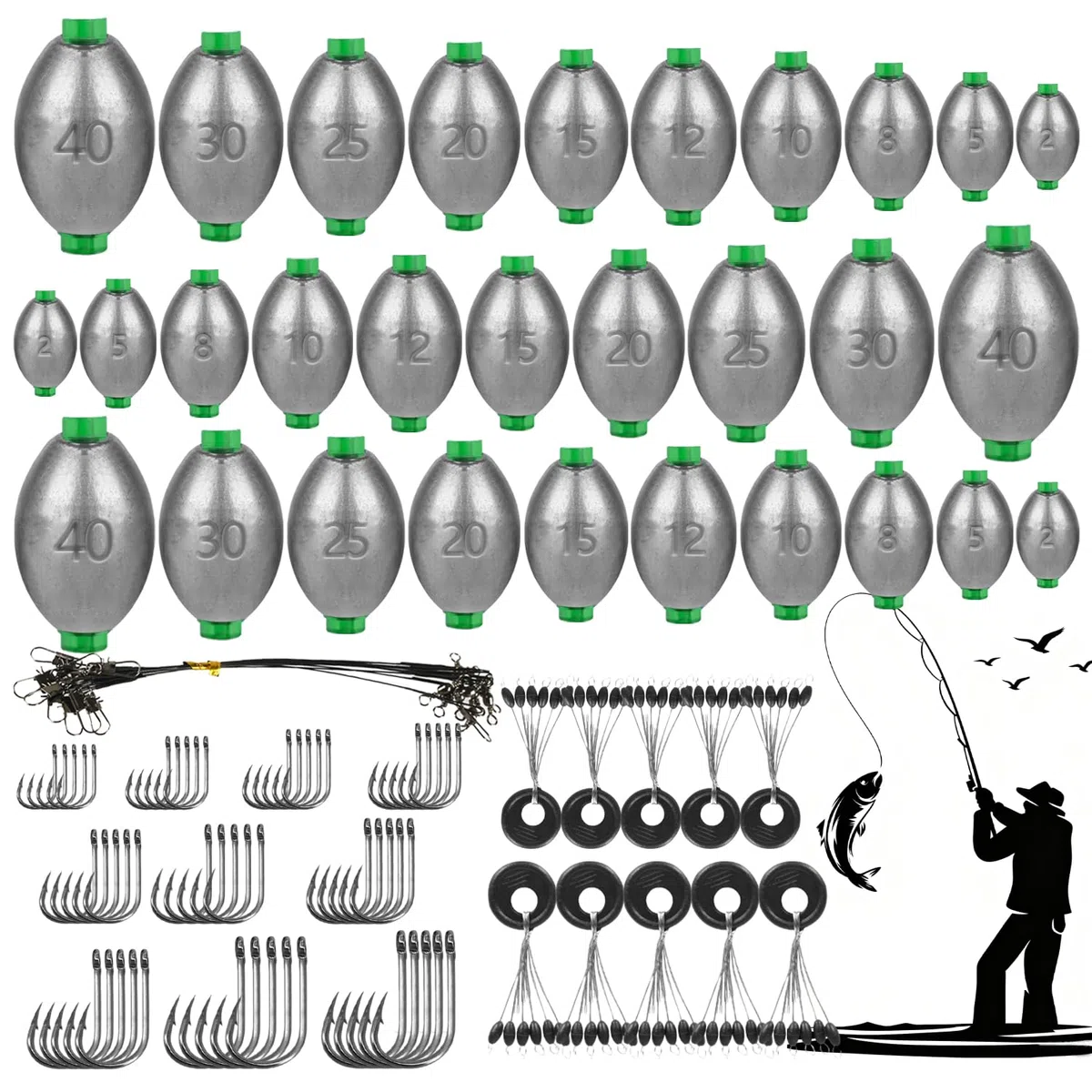 Juego de 120 Plomos Pesca Desmontables Plomos de Pesca Surfcasting con Forma de Aceituna de 2/5/8/10/12/15/20/25/30/40g Incluye Plomo Anzuelos Lastre Plomo Ideal para el Pescaje en Barco, Rocas y Mar