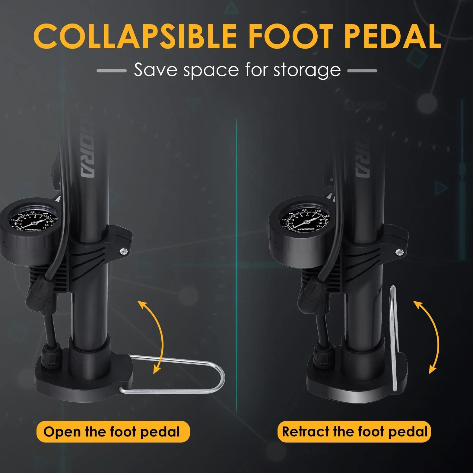 VOGORA Bomba de bicicleta con manómetro, bomba de bicicleta con válvulas Presta y Schrader, bomba de bicicleta para todas las bicicletas, bomba de pie para neumáticos de coche, bicicletas de montaña y