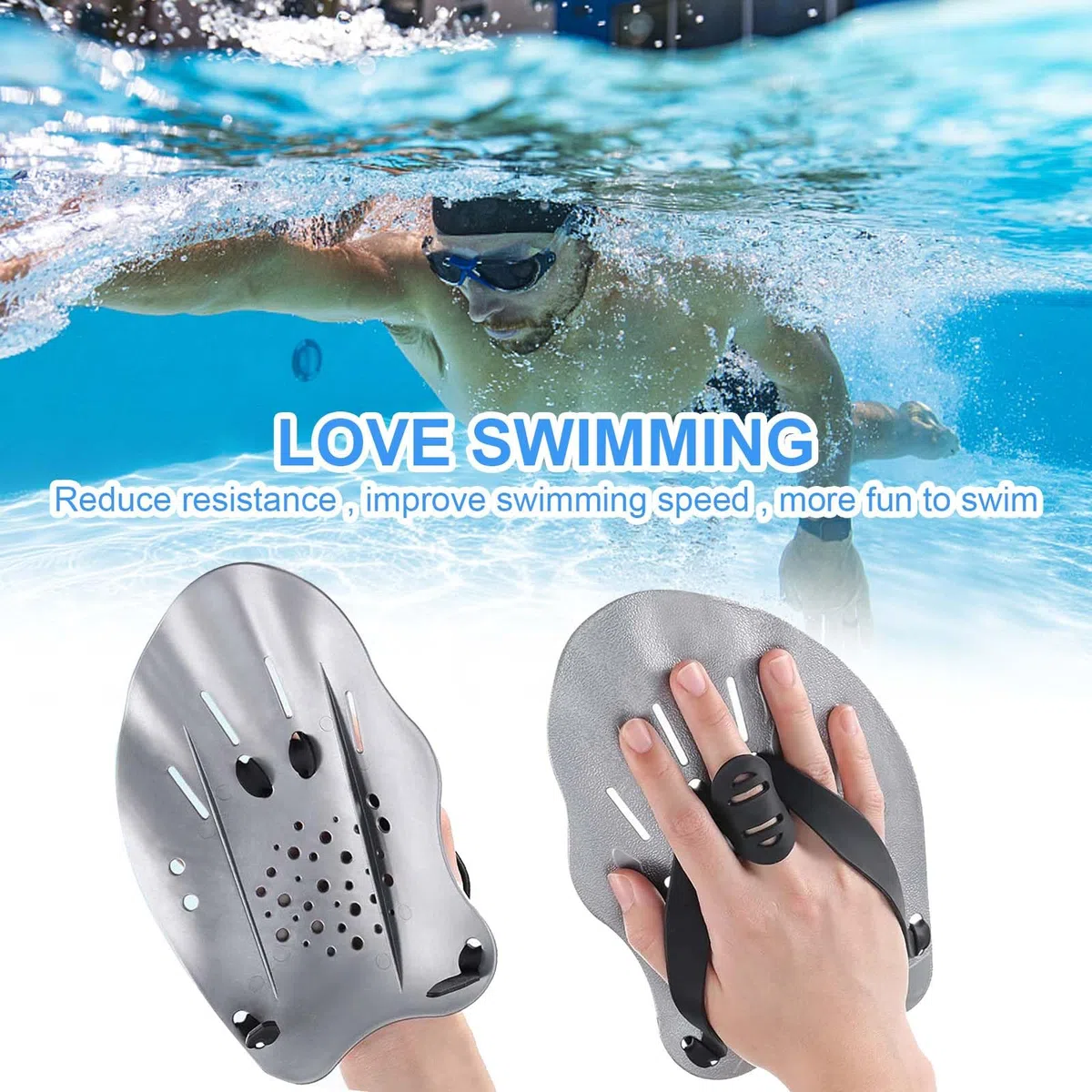 Paletas de Natación, Palas Natacion Piscina Adulto, Pades de Mano Grises con Correas Ajustables, Accesorios para Natación, Equipo de Entrenamiento de Natación