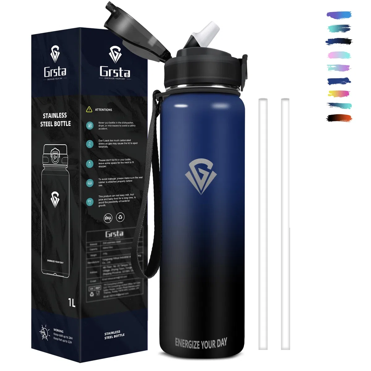 Grsta Botella Agua Acero Inoxidable, Botella Agua 1 litro, Botella Termica con Pajita, Botella Agua Gimnasio sin BPA, Doble Pared al Vacío, Botella Reutilizable Para Deportes, Camping, Ciclismo, Yoga