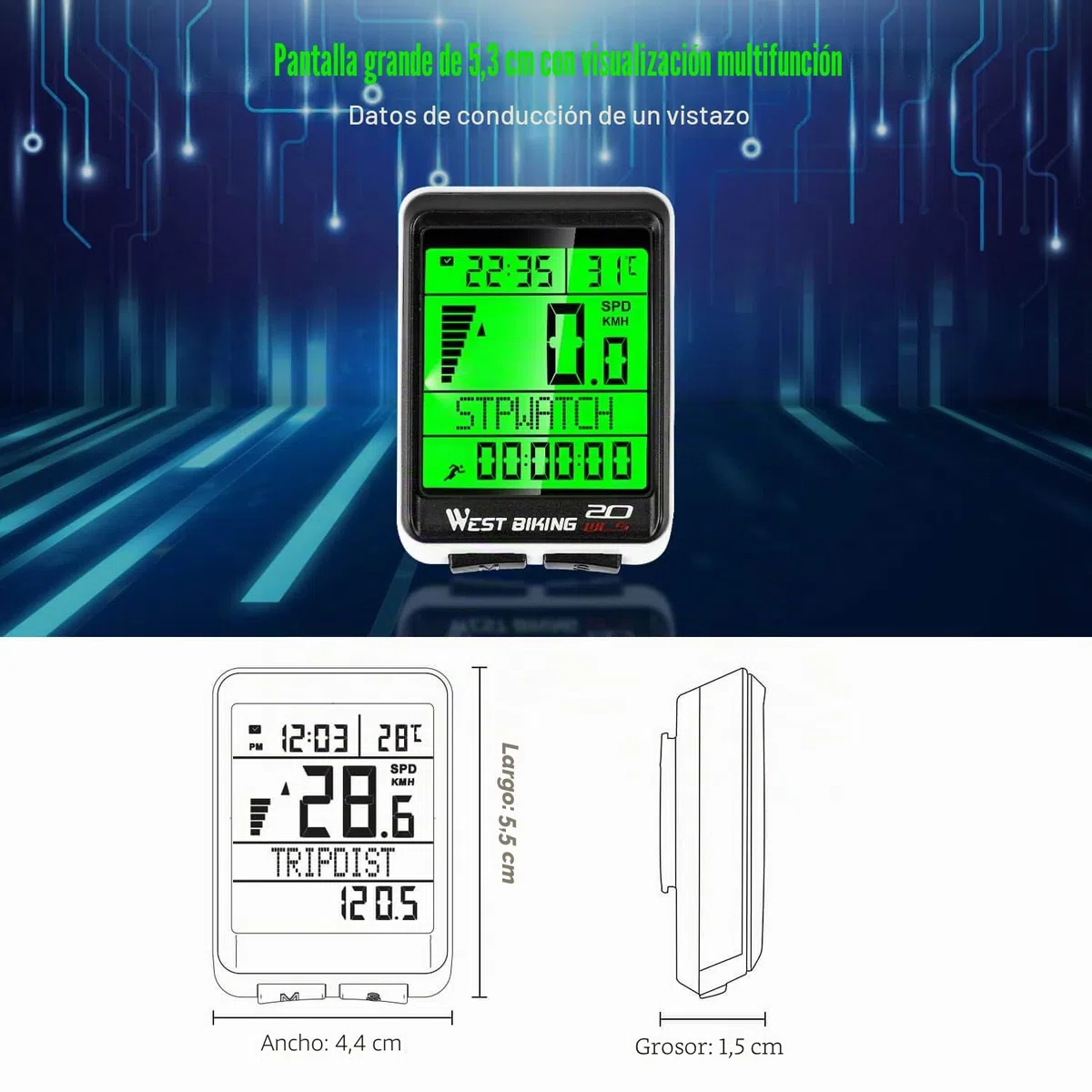 ICOCOPRO Ciclocomputador icopro para Bicicleta, cuentakilómetros, inalámbrico, Pantalla LCD Grande, 5 Opciones de Voz, Ordenador para Bicicleta, Despertar y Dormir automáticamente, multifunción
