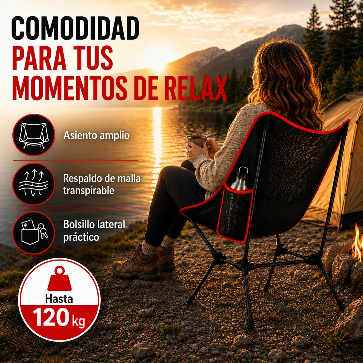Silla Plegable Camping Ligera 1,59 kg, Silla Tipo Moon Chair Portátil de 900D con Bolsa y Bolsillo Lateral, para Playa Pesca Picnic Jardín Campismo Exterior hasta 120 kg