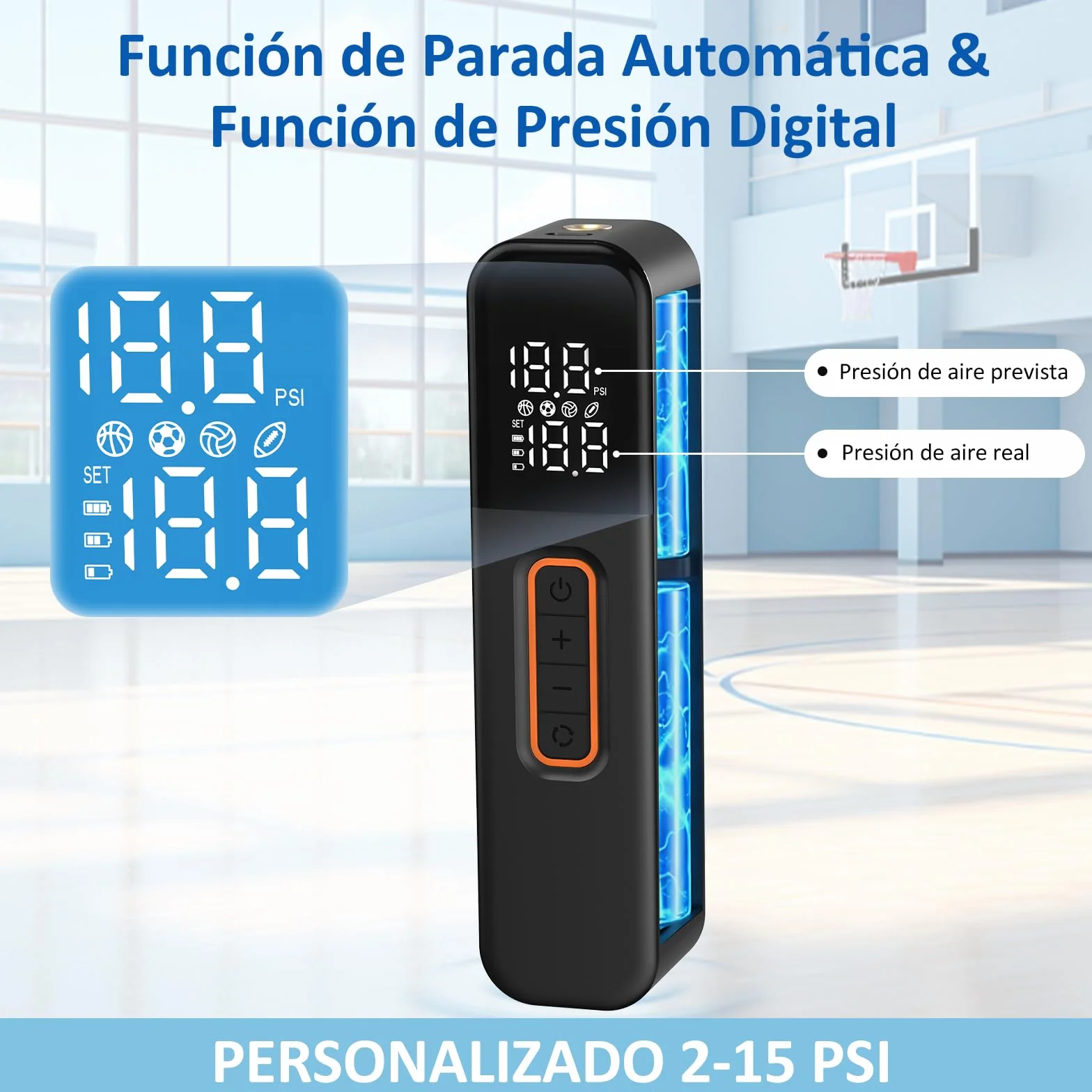 Bomba de Bola eléctrica, Bomba de Aire Inteligente, inflado de Bola rápido portátil con manómetro preciso y Pantalla LCD Digital para fútbol, ​​Baloncesto, Voleibol, Rugby (2 Agujas y 1 Boquilla)