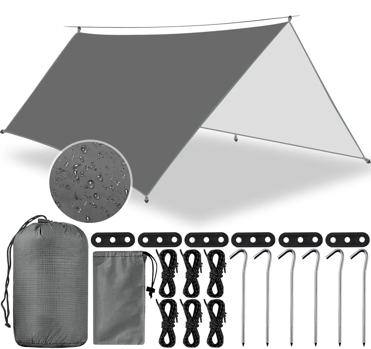 Toldo de Refugio Camping 3x3M, Tienda de Campaña Tarp Impermeable con 6 Cuerdas + 6 Clavos de Tierra + 2 Bolsa de Guarda, Lona Toldo Camping para Vivac, Picnic, Playa, Hamaca, Furgoneta
