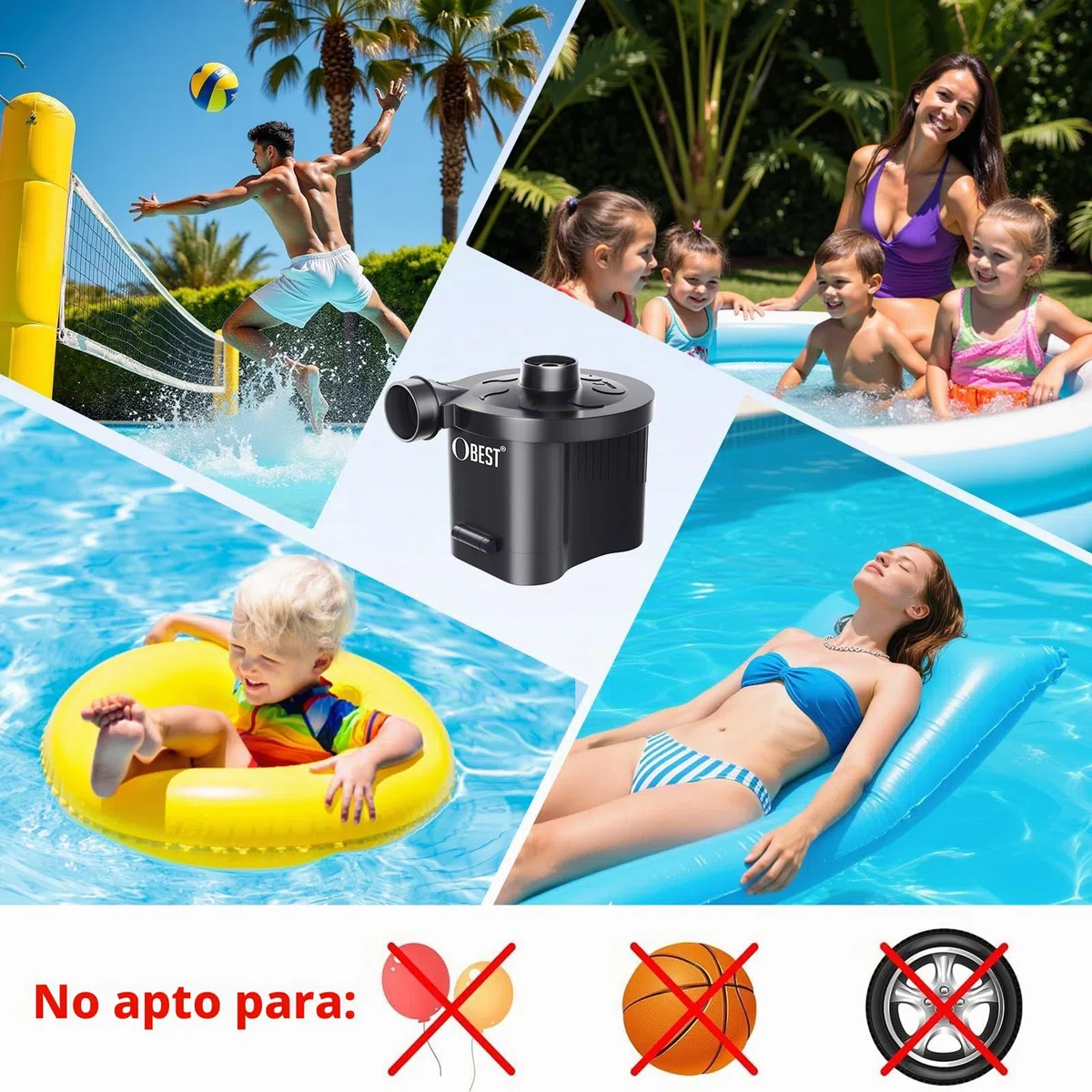 OBEST Inflador Eléctrica Bomba de Aire Electrico Rápido Inflar/Desinflar, Hinchador Portatil Batería Colchon con 3 Boquillas para Playas Acampada Colchón Aire Bote Inflable Anillo de Natación