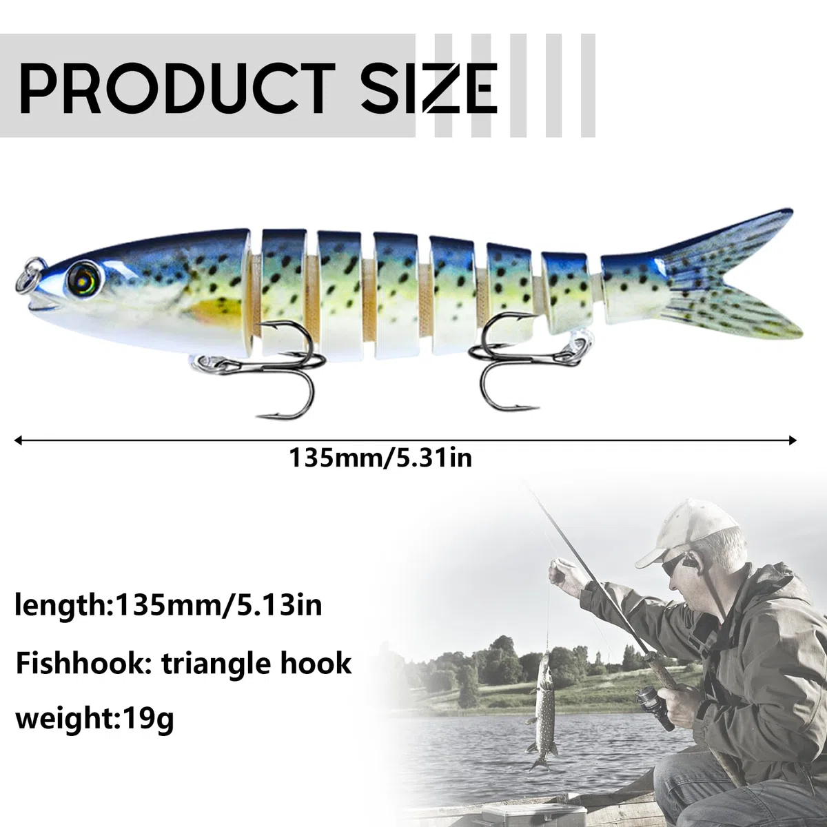 5 Piezas Señuelos de Pesca para Agua Dulce y Salada, Señuelos de Lucio Articulados Múltiples, Spinning de Pesca con 2 Anzuelos Triples, Regalo para Hombres