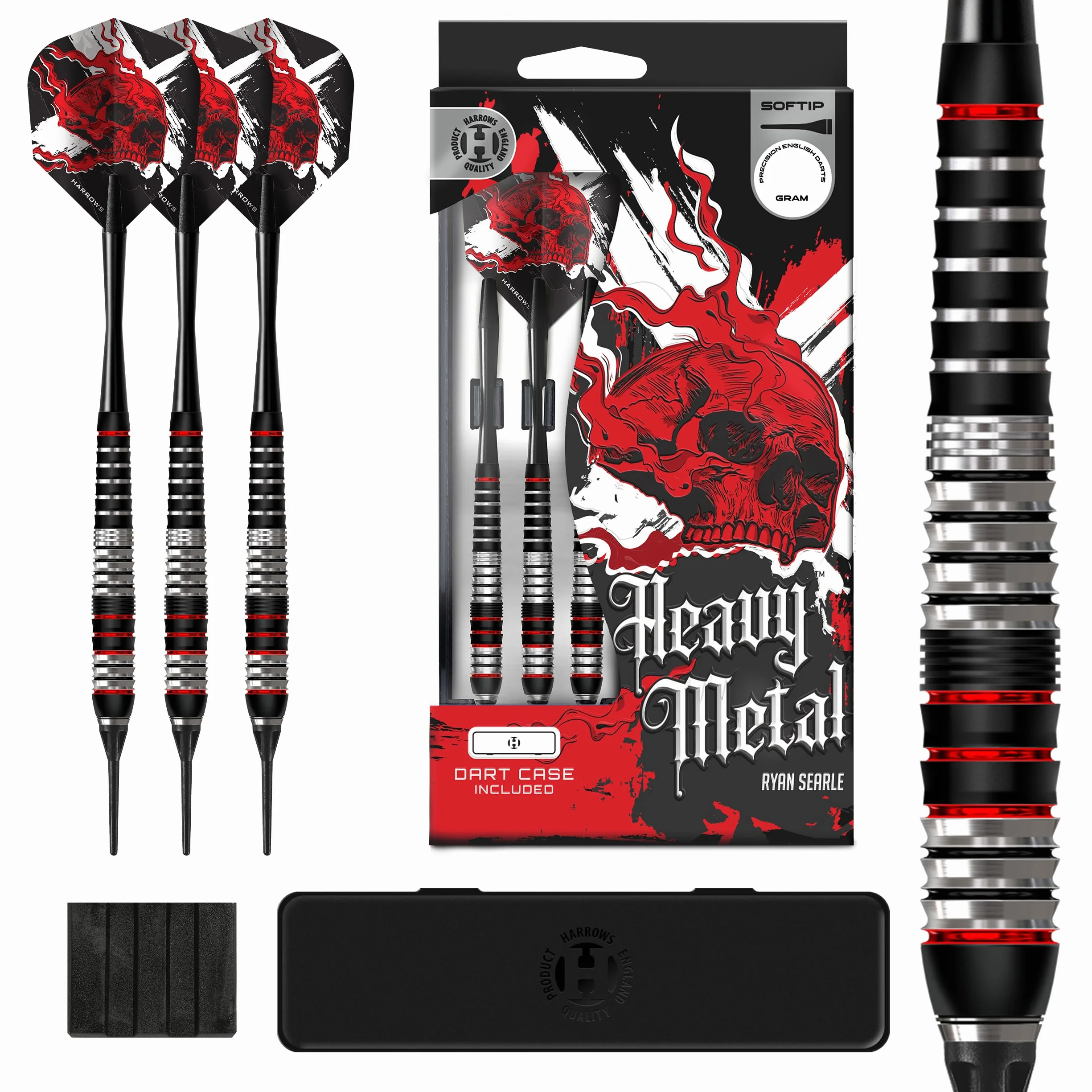 Harrows Ryan Searle Heavy Metal - Juego de dardos de punta blanda de acero inoxidable en 18 g o 20 g – Incluye cañas Speedline, plumas de 100 micras y caja de dardos, dardos de punta blanda resistente