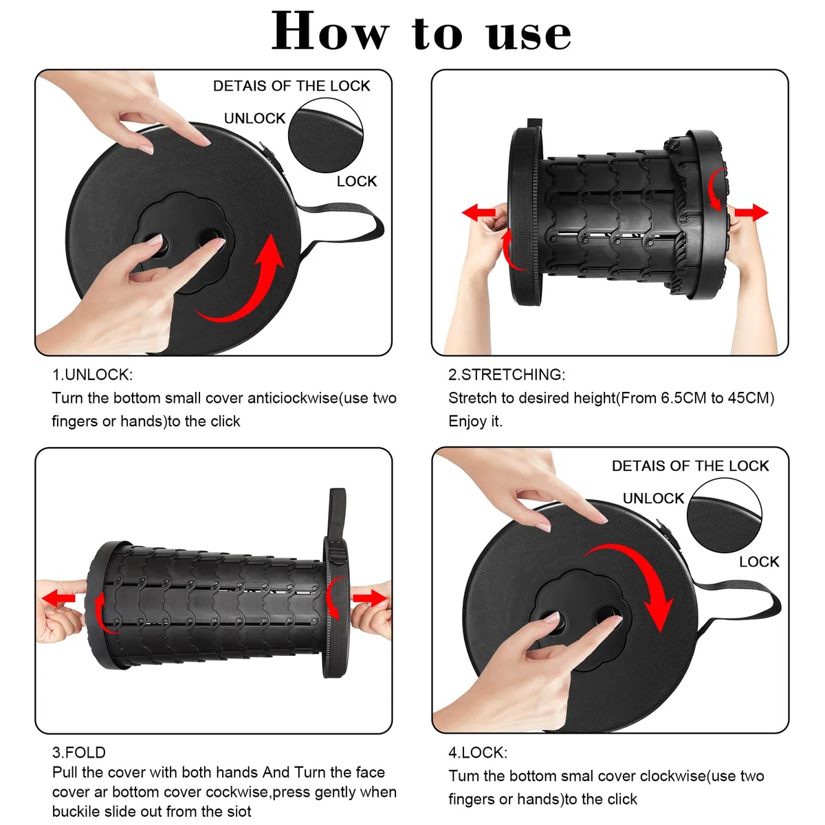 USHOP Taburete Plegable Portátil, Taburete Plegable Telescópico, Altura Ajustable, Ligero, Negro, Plástico, Adecuado para Camping, Pesca, Senderismo y Actividades al Aire Libre