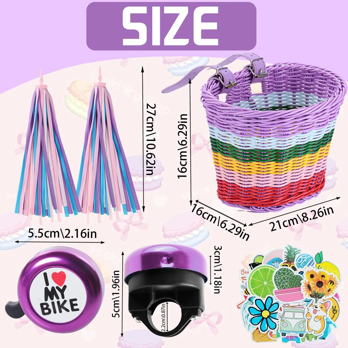 Cesta Bicicleta Delantera para Bicicleta Infantil Desmontable, Cesta Bici Niño Niña, con Correa de Piel, Timbre de Bicicletas, Serpentinas, Pegatinas, Regalos para Niños, Niñas