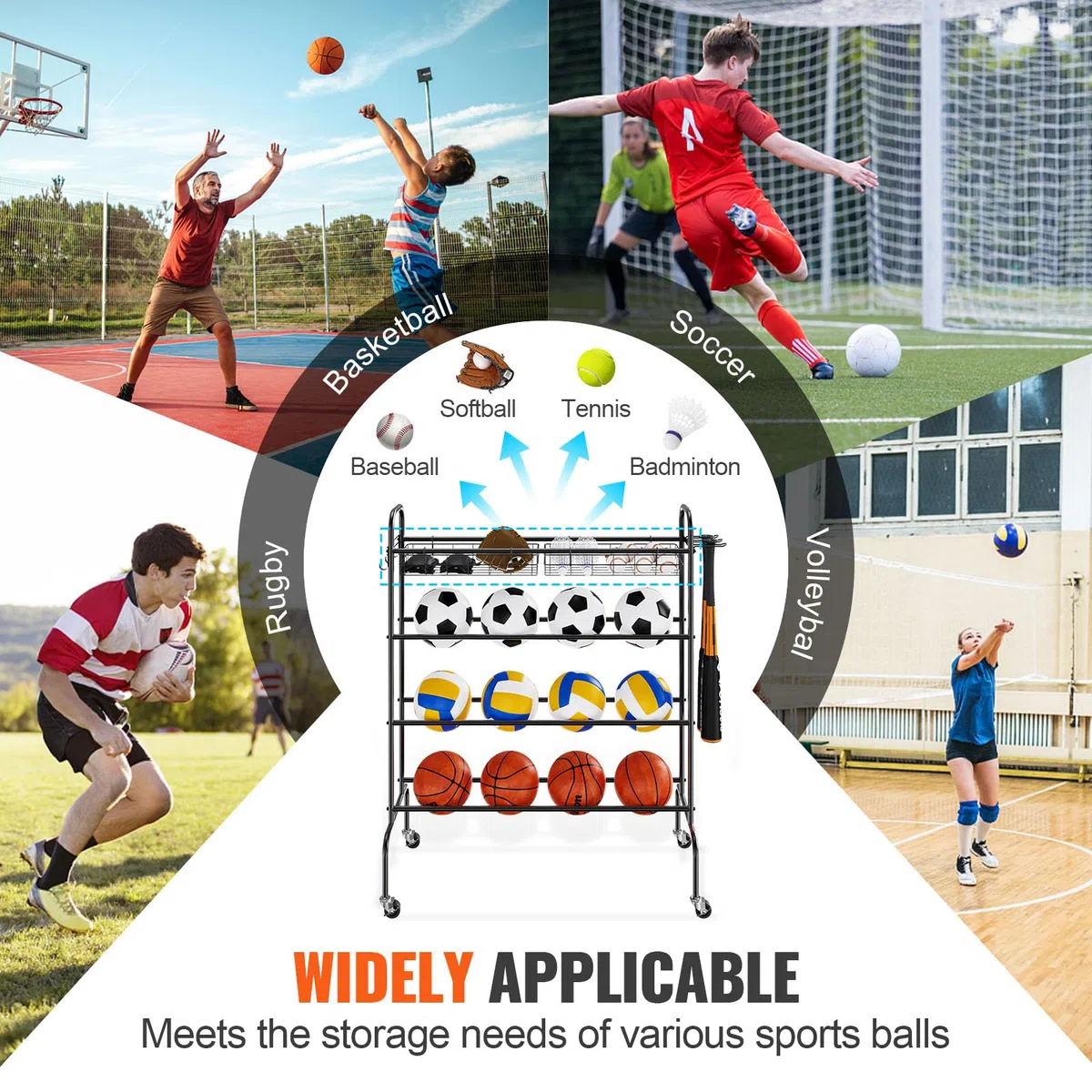 VEVOR Estante para Pelotas de 4 Capas, Soporte de Baloncesto con Ruedas, Organizador de Almacenamiento de Equipo Deportivo con Ganchos y Cestas, para Entrenamiento de Tiro, Baloncesto, Fútbol
