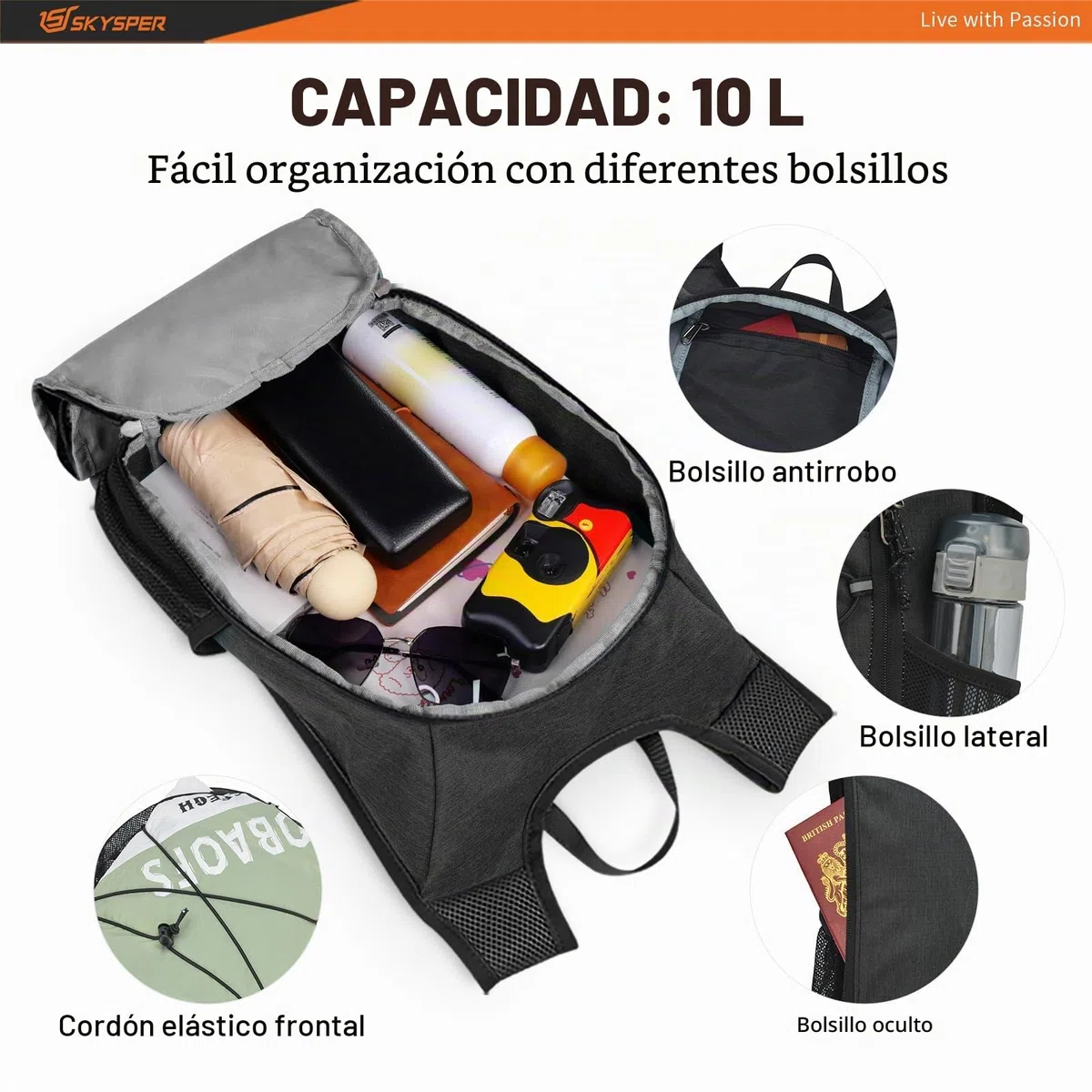 SKYSPER Mochila Plegable Ultraliger 10L, Mochila Pequeña Hombre Mujer Mochila de Viaje Mochila de Senderismo para Viajes Caminhada Deporte