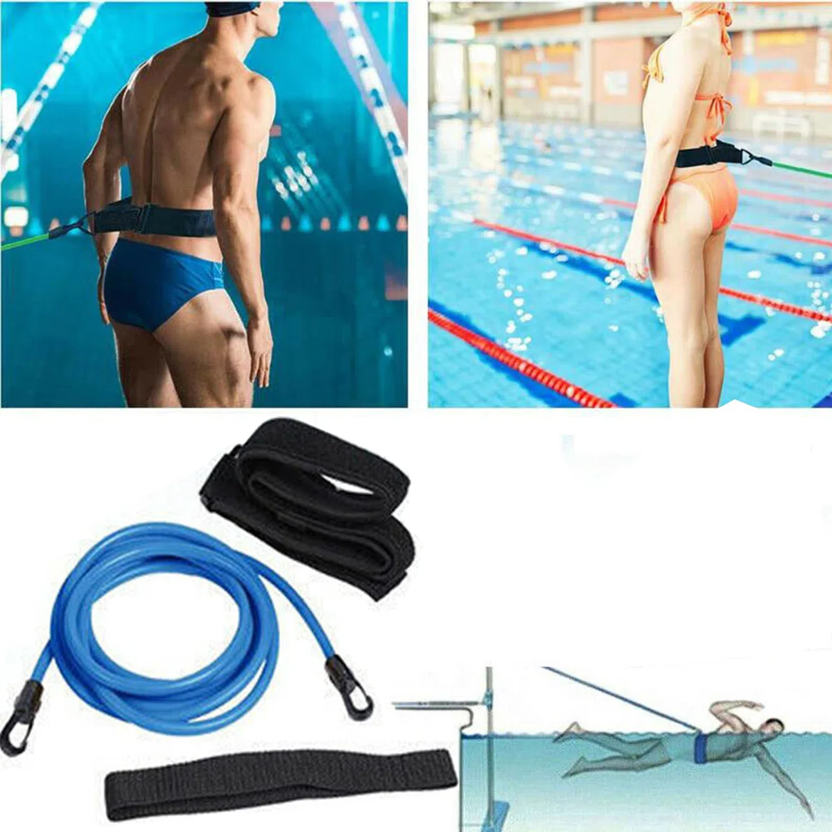 SUQ Cinturón de Natación 4 m, Cinturón de Resistencia para Entrenamiento de Natación, Correa Estática Estacionaria de Natación, Cinturón de Resistencia Ajustable con Arnés de Natación (Azul)