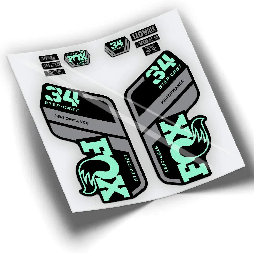 REF:VP414 Pegatinas compatibles con horquilla FOX 34 STEP CAST PERFORMANCE 2020,2021 BICOLOR MTB, stickers, adhesivos, vinilos para bicicletas de montaña. (MENTA)