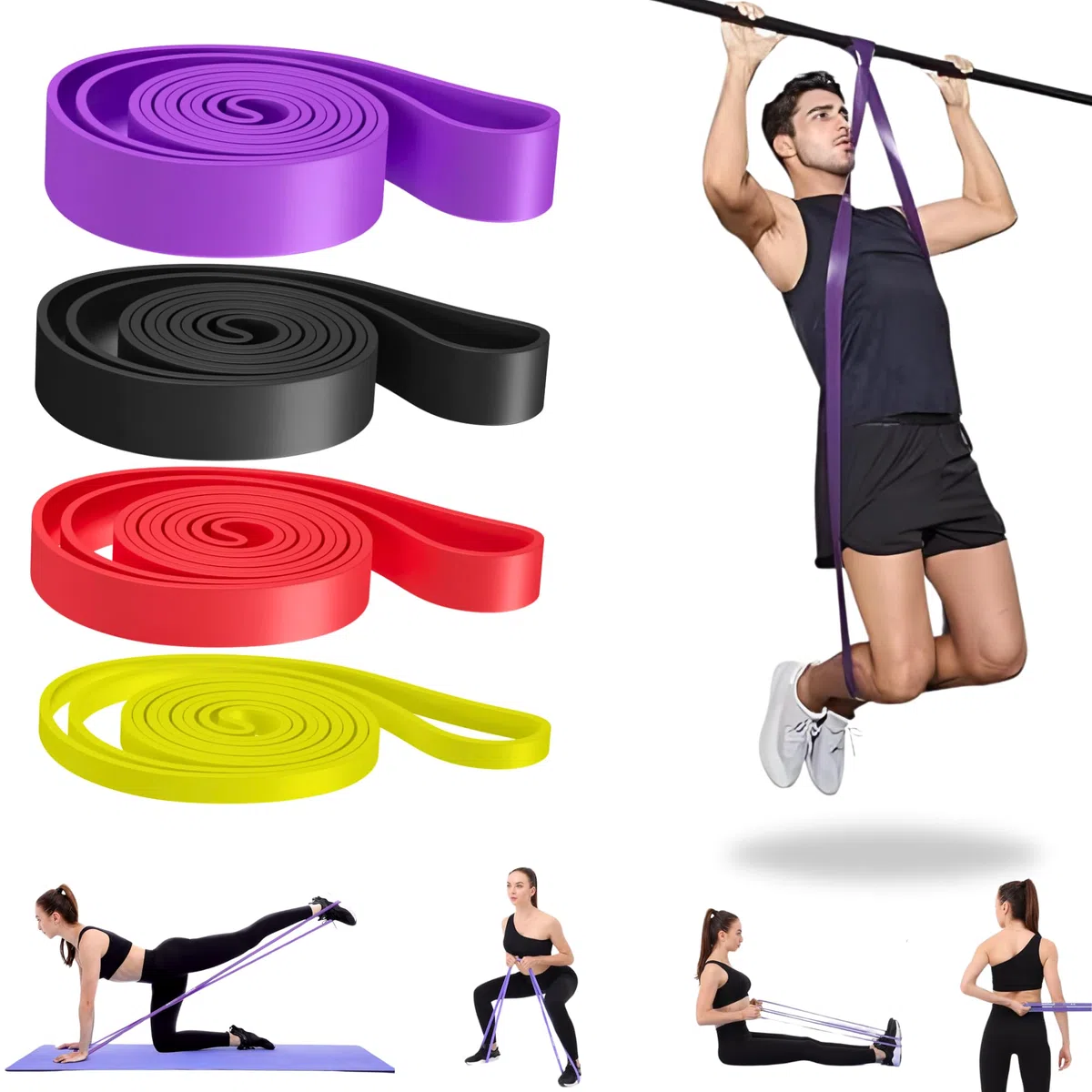 Genérico Gomas Elásticas Musculación, Conjunto de 4 Bandas Elásticas (5kg-38kg), Resistencias para Entrenamiento de Fuerza, Pilates, Yoga, Crossfit