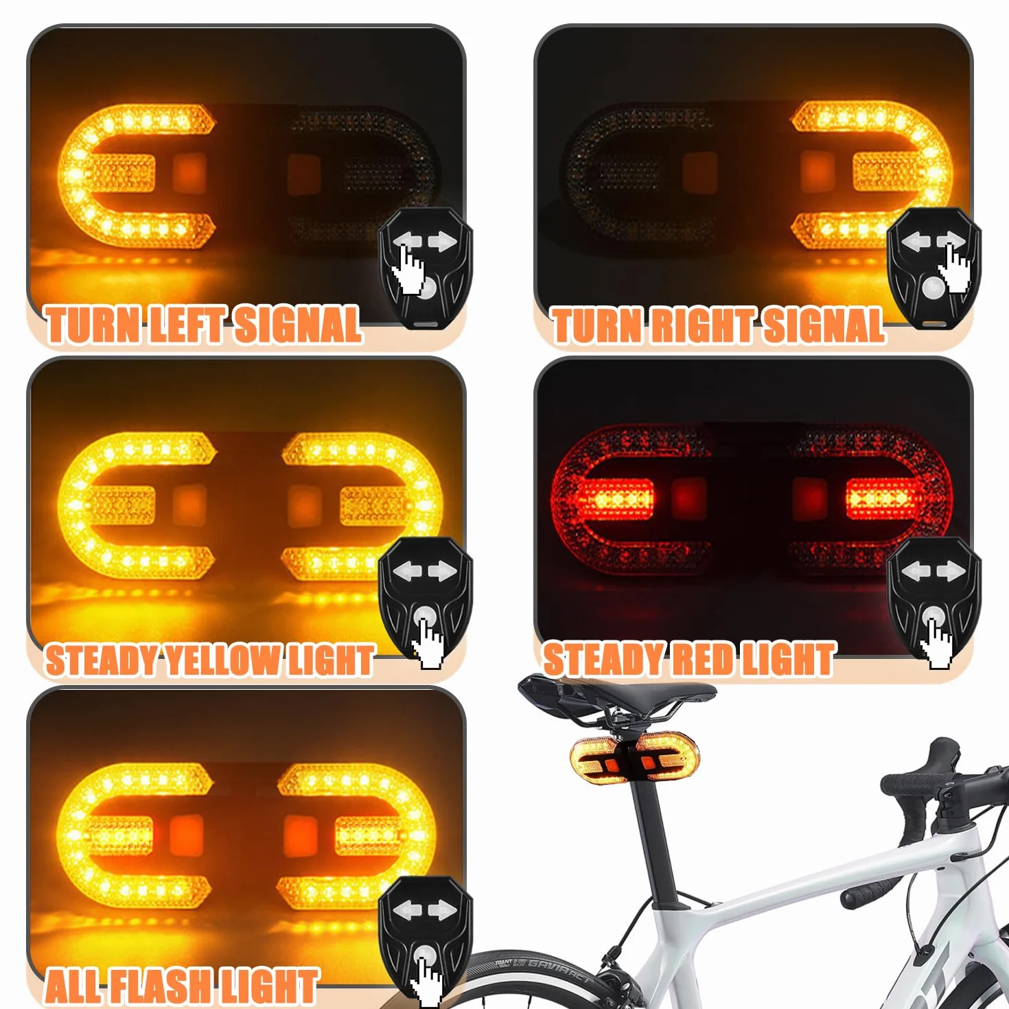 Luz LED de Control Remoto Señal de Giro, Luz Trasera para Bicicleta con señal de Giro, Luz Trasera LED de Bici-cleta Recargable por USB, Lu-z Tra-Sera de Bicicleta con Intermitentes, Impermeable