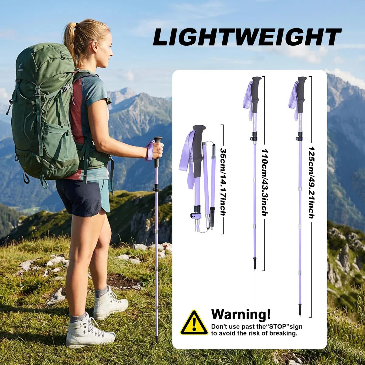 Qoosea Bastón de Senderismo para Mujer - Plegable y Ajustable 110-125 cm en Fibra de Carbono, Ligero Bastón para Trekking, Marcha Nórdica y Alpinismo, Trail, Viaje
