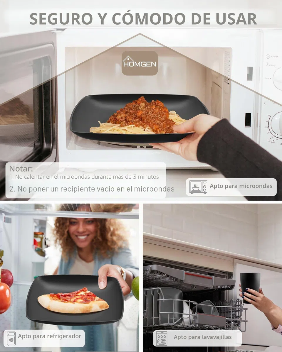 HOMGEN Juego de Platos y Tazones de Plástico de 12 Piezas- Juego de Vajilla Irrompible para Camping 4 Personas - Platos de Cocina Reutilizables, Juego de Cena Apto para Microondas y Lavavajillas