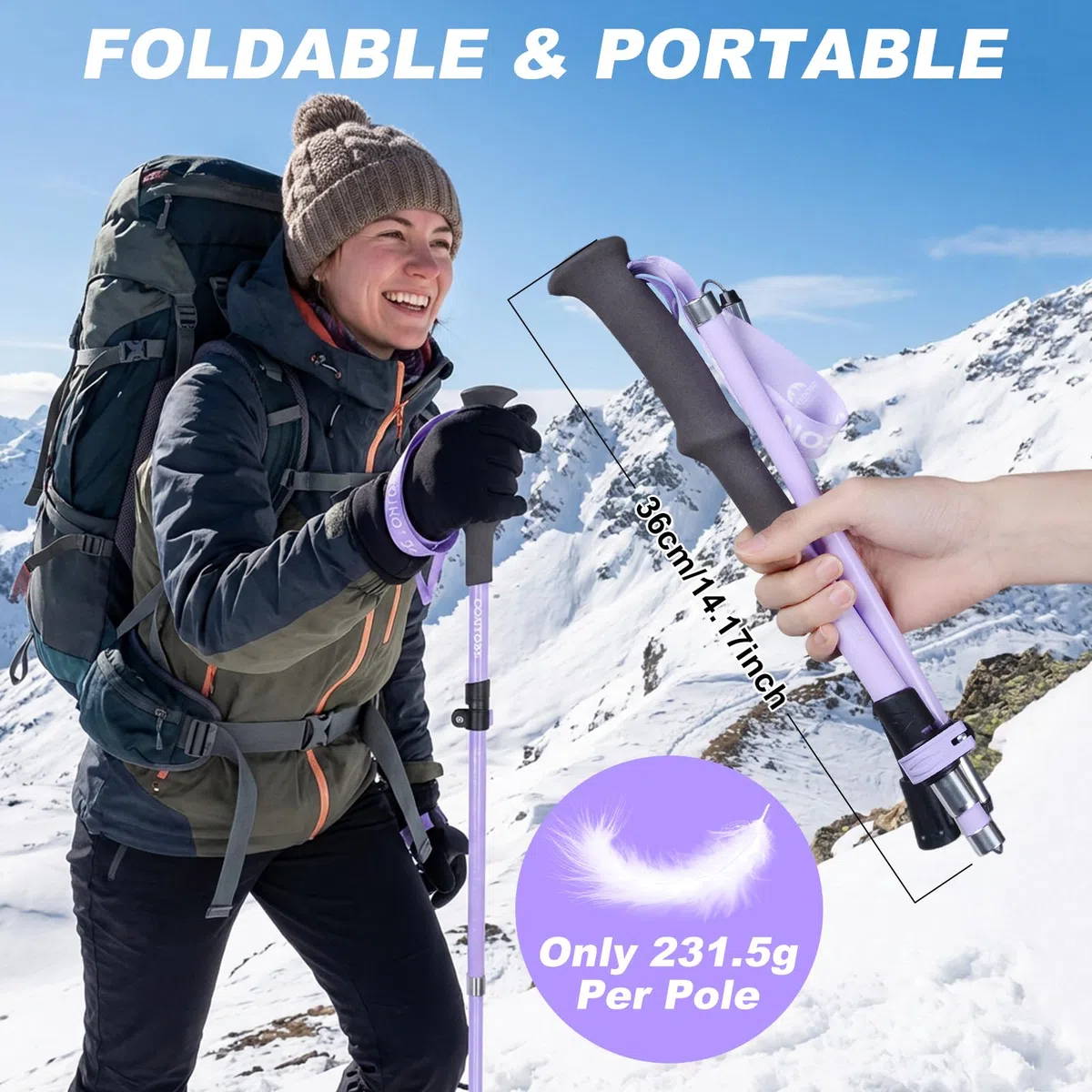 Qoosea Bastón de Senderismo para Mujer - Plegable y Ajustable 110-125 cm en Fibra de Carbono, Ligero Bastón para Trekking, Marcha Nórdica y Alpinismo, Trail, Viaje