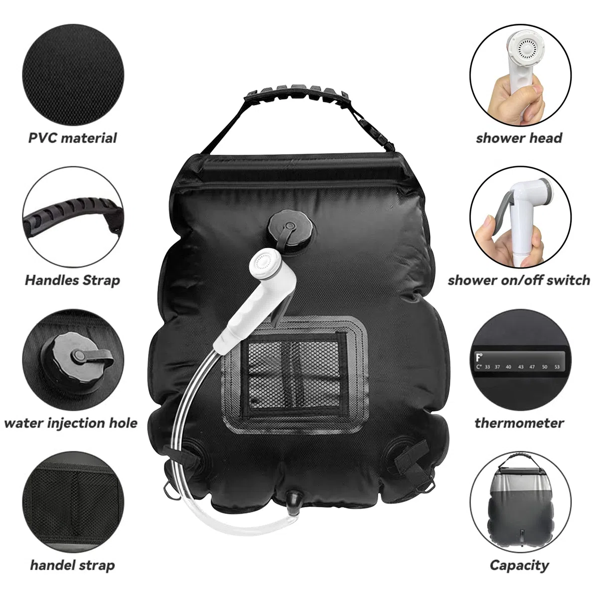 20L Bolsa de Ducha Solar,Bolsa de Agua Portátil Bolsa de Ducha,Bolsa de Ducha Viaje Portátil con Termómetro,Ducha Aire Libre Ducha con Manguera,para Acampar al Aire Libre, Senderismo, Escalada