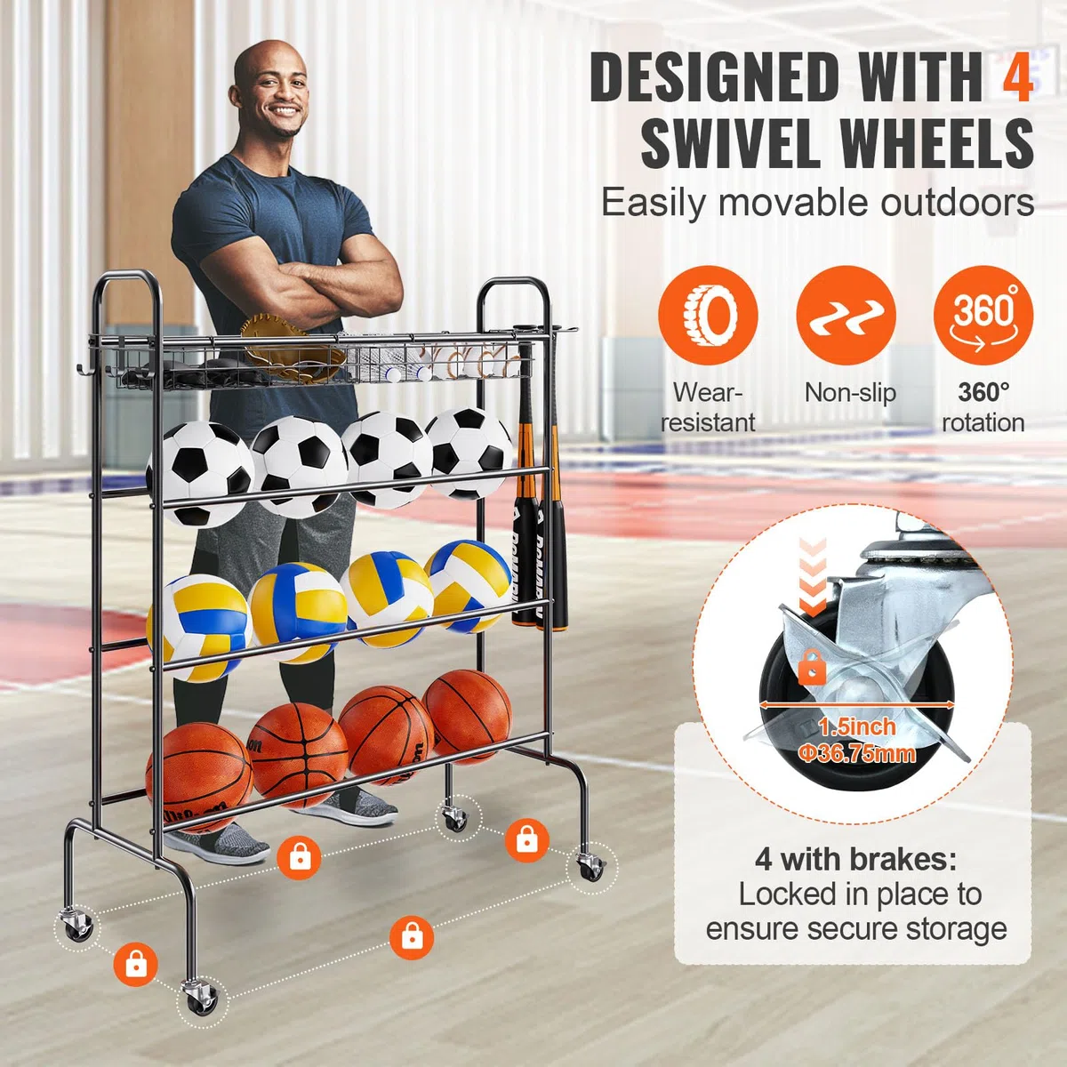 VEVOR Estante para Pelotas de 4 Capas, Soporte de Baloncesto con Ruedas, Organizador de Almacenamiento de Equipo Deportivo con Ganchos y Cestas, para Entrenamiento de Tiro, Baloncesto, Fútbol