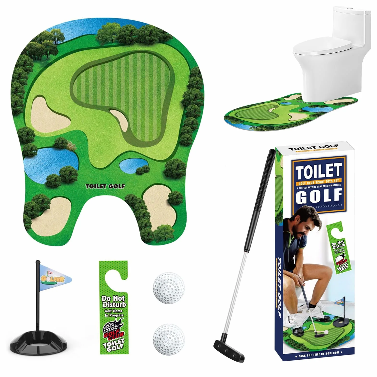 Juego de regalo de golf para inodoro, mini orinal con palo de golf escalable, alfombrilla de putting, 2 pelotas de golf y colgador de puerta, regalo divertido para baño, inodoro