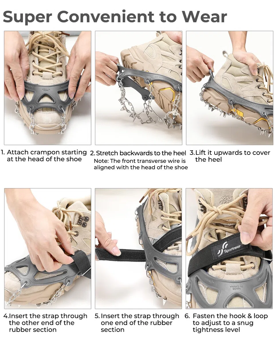 Sportneer Crampones, 19 Dientes Tacos de tracción Nieve y Hielo Tracción para Invierno Deportes Montañismo Escalada Caminar Alpinismo Cámping Acampada Senderismo (Gris, M)