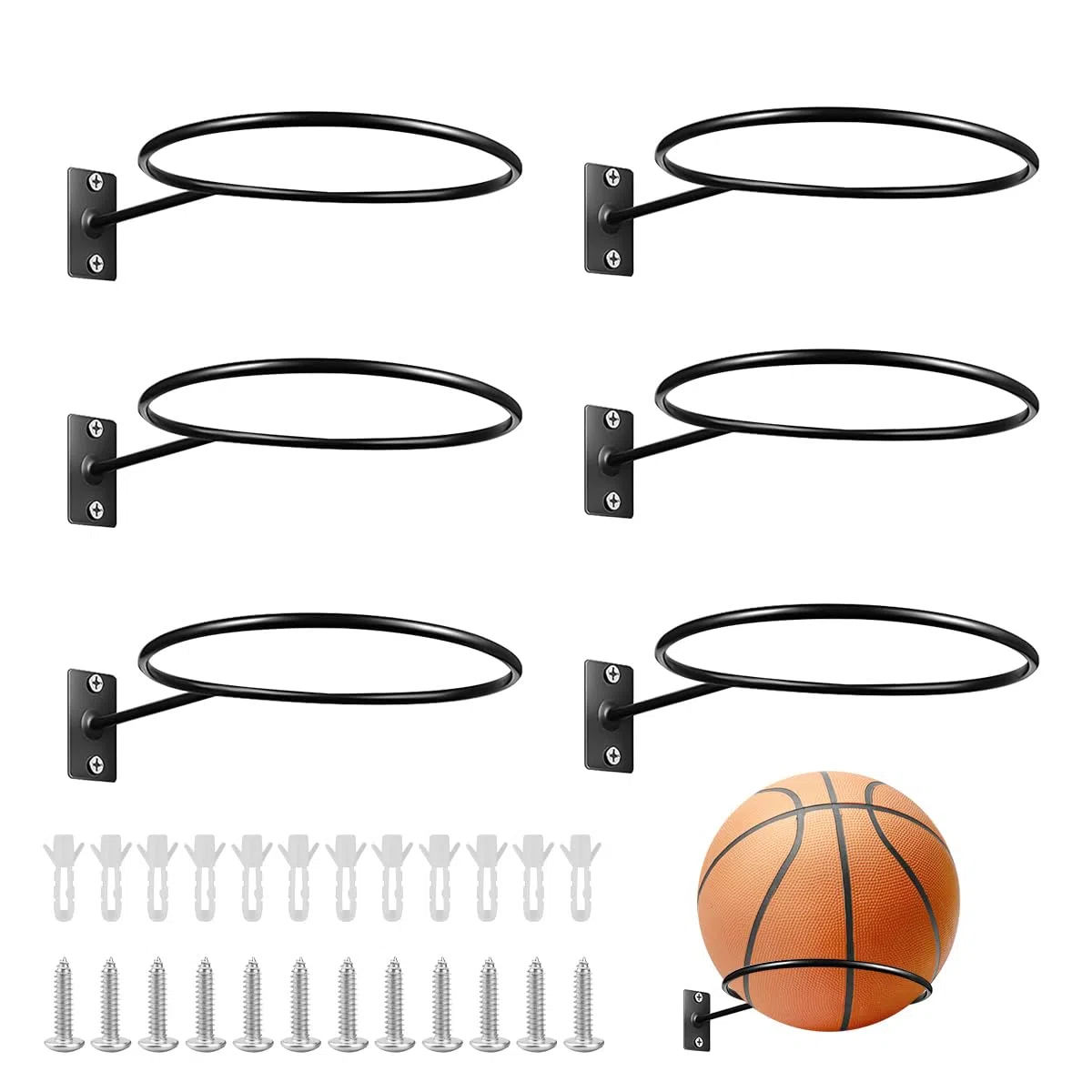 VicBou 6 Piezas Soporte de Pared para Balones, Soporte de Exhibición de Pelota, Almacenamiento de Pelotas de Pared con Tornillos, Estante para Pelotas de Baloncesto Rugby Voleibol Fútbol