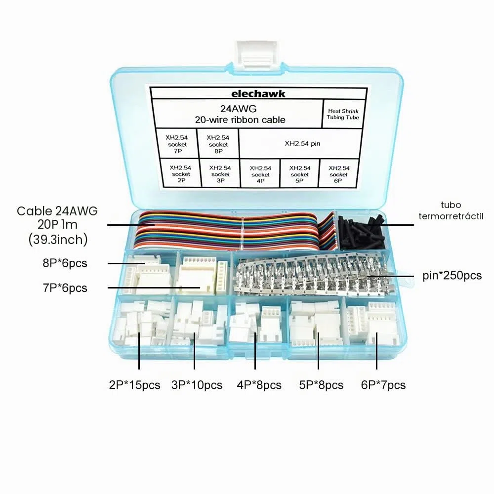 XH - Kit de conectores de 2,54 mm y cables de cinta compatible con conector JST-XH 2/3/4/5/6/7/8 carcasa de pin macho