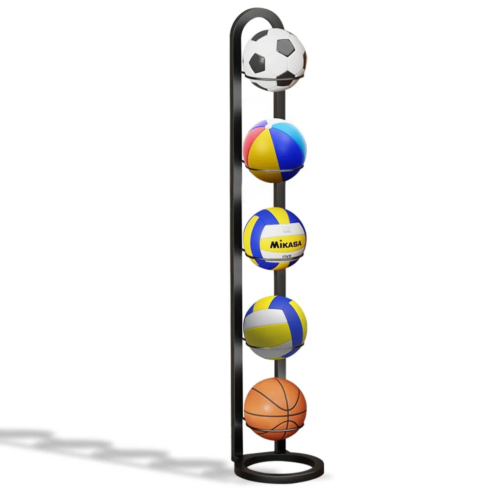 FARYODI Soporte de bola vertical de 5 niveles, soporte de bola extraíble, soporte de acero al carbono, soporte multicapa para exhibición de pelotas deportivas, para baloncesto, fútbol, voleibol