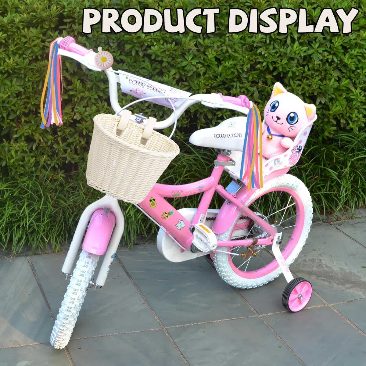 Cesta Bicicleta Niña, Cesta Bicicleta Delantera, Cesta Bicicleta Infantil, Accesorios Bicicleta Niña, Canasta de Manillar de Bicicleta, con Campanas, Serpentinas, Pegatinas